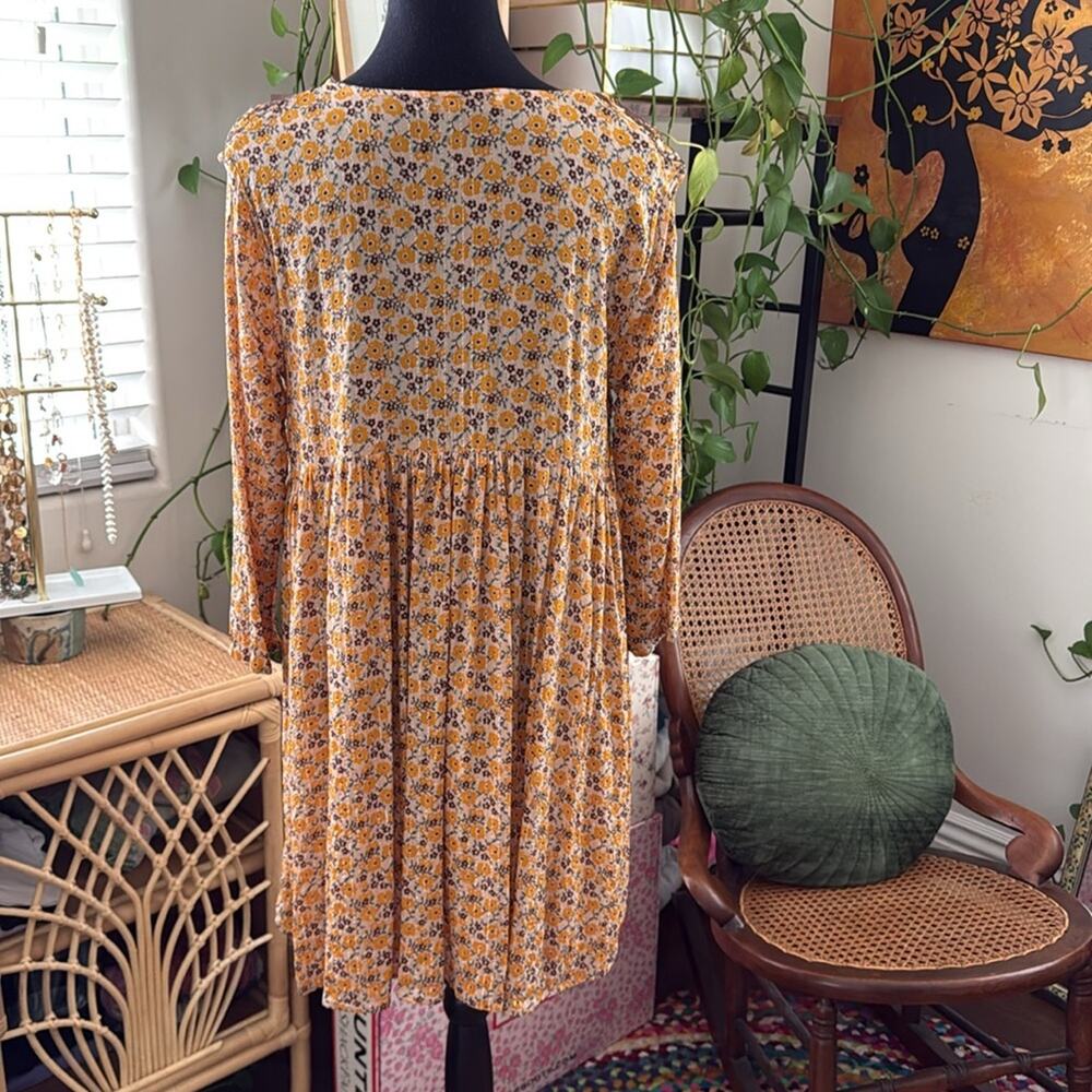 Zara Yellow & Brown Floral Paisley Embroidered Boho Hippie Babydoll Mini Dress - Picture 2 of 4
